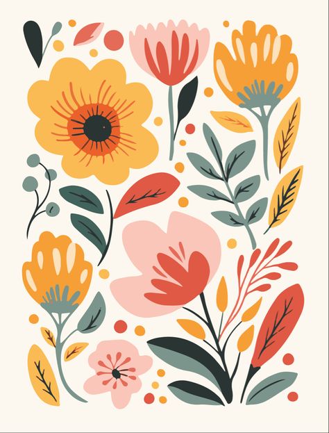 A bold floral art print, reminisenct of scandi minimalism with a colourful flare. Floral Art Simple, Simple Flower Pattern Painting, Boho Floral Design, Trending Art Prints, 2d Paper Flowers, Boho Botanical Art, Minimalist Illustration Art Design, Bold Floral Pattern, Simple Floral Mural