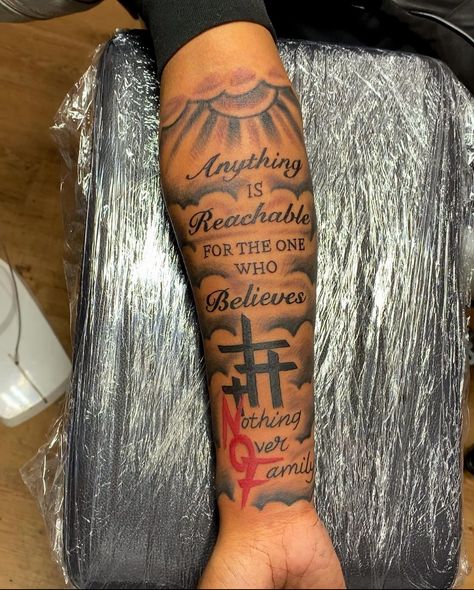 Bottom Of Forearm Tattoo, Tatoos Sleeves Man, Forearm Tattoos Men Family, Forearm Family Tattoo Men, Mark 9:23 Tattoo Men, God Tattoos For Men Forearm, Cloud Forearm Tattoo Men, Mark 9:23 Tattoo, Today Tomorrow Forever Tattoo