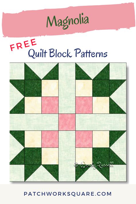 The MAGNOLIA quilt block is a simple seven patch design -- sewn as an uneven nine patch for ease in construction. This flower quilt block is a fresh and lovely choice for the spring season, comprised of only squares, rectangles and half square triangles. 8x8 Quilt Block Patterns, Patchwork Quilt Blocks, Magnolia Quilt Pattern, Magnolia Quilt Block, Carolina Lily Quilt Block Patterns Free, Spring Barn Quilts, 8.5 Inch Quilt Block Patterns, Flower Quilt Blocks, Large Flower Quilt Block