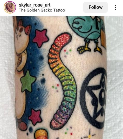 Gummy Worm Drawing, Gummy Worm Tattoo, Candy Tattoo Ideas, Gummy Bear Tattoo, Worm Tattoo, Worm Drawing, Traditonal Tattoo, Candy Tattoo, Jelly Tots