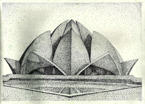 STIPPLING WORK (LOTUS TEMPLE) on Behance Stippling Drawing, Temple Drawing, Lotus Temple, Dotted Drawings, Architecture Drawing Sketchbooks, Perspective Drawing Architecture, Stippling Art, Nature Art Drawings, Building Drawing