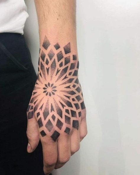 Topey Tattoo - Mandala Pointillism Tattoo Ideas⚫💕 OPEN... | Facebook Geometric Hand Tattoo Men, Tattoo On Palm, Mandala Dotwork Tattoo Design, Dot Work Tattoo Design, Geometric Tattoo Hand, Tattoo Main, Dotwork Tattoo Mandala, Pointillism Tattoo, Geometric Tattoo Sleeve Designs