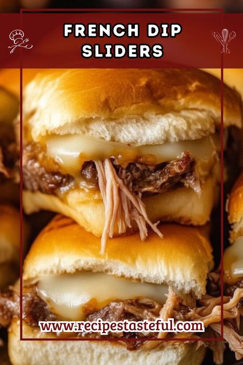 Perfect for a party, game day, or an easy dinner, these French Dip Sliders are packed with savory roast beef and melted cheese, all served with a side of rich au jus for dipping. They bring all the delicious flavors of a classic French dip sandwich in a convenient, bite-sized form! Roast Beef Melt, Roast Beef Sliders Recipes, French Dip Recipes, French Dip Sliders, Sliders Recipes Beef, Au Jus Recipe, Tender Roast Beef, Roast Beef Sliders, Freezer Meal Planning