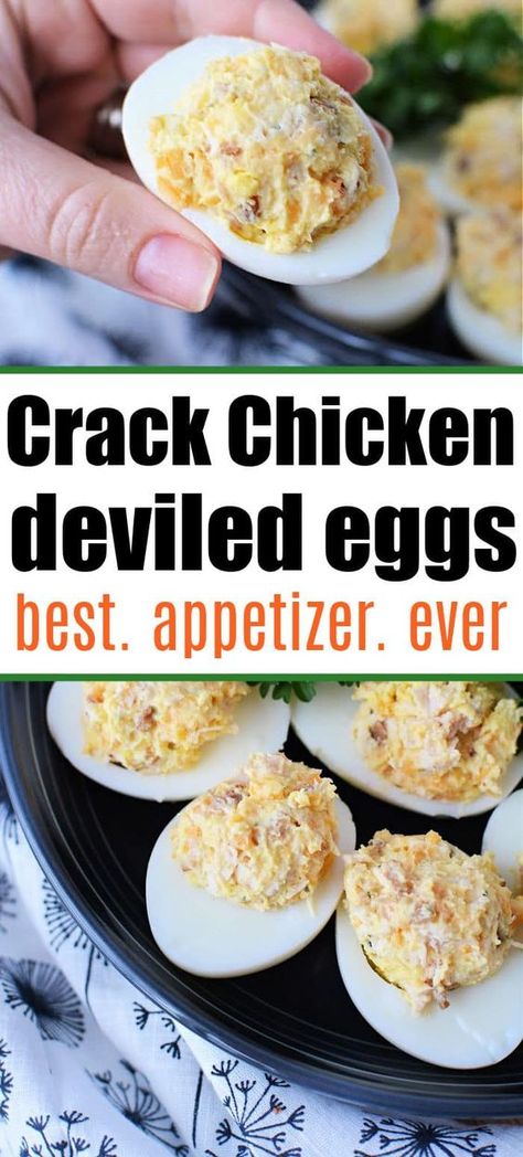 Crack chicken deviled eggs is the best Easter or Super Bowl appetizer ever. Use rotisserie, leftover or canned chicken. Easy and delicious. Chicken Salad Stuffed Deviled Eggs, Deviled Eggs With Chicken, Buffalo Chicken Deviled Eggs, Deviled Egg Toppings, Loaded Deviled Eggs Recipe Best, Egg Appetizers, Deviled Eggs Recipe Best, Chicken Deviled Eggs, Devil Eggs