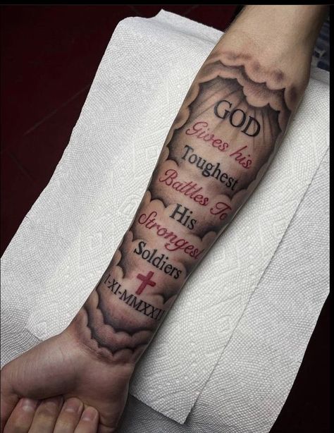 God Gives His Toughest Battles To His Strongest Soldiers Tattoo, God Give His Toughest Battles Tattoo, God Gives His Toughest Battles Tattoo, Tattoo Ideas Male Sleeve, Bible Verse Tattoos For Men Arm, Tattoo Sleeves Ideas, Half Sleeve Tattoo For Men Forearm Design, Tattoo Ideas Medium Size, God Give His Toughest Battles Quotes