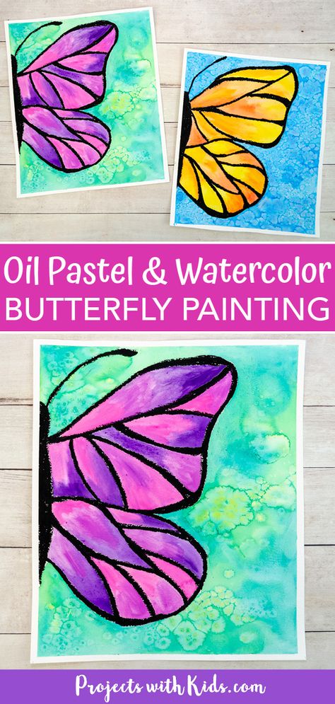 This beautiful watercolor butterfly painting combines oil pastels and watercolors. Kids will learn easy watercolor techniques to create this wow-worthy art! #projectswithkids #watercolorpainting #kidsart Butterfly Painting For Kids, Bunny Crafts For Kids, Oil Pastel And Watercolor, Spring Art Projects, 3rd Grade Art, Watercolor Butterfly, Oil Pastel Art, Oil Pastel Drawings, Elementary Art Projects