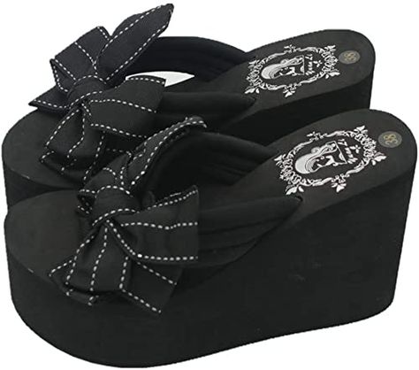 AmazonSmile | Mamilove Womens Chunky High Platform Wedge Flip-Flops Sandals Size 5.5 Bell | Flip-Flops Black Platforms, Black Platform Wedges, Bow Flip Flops, Dr Shoes, Platform Flip Flops, Wedge Flip Flops, Sandal Platform, Bow Shoes, Black Wedge