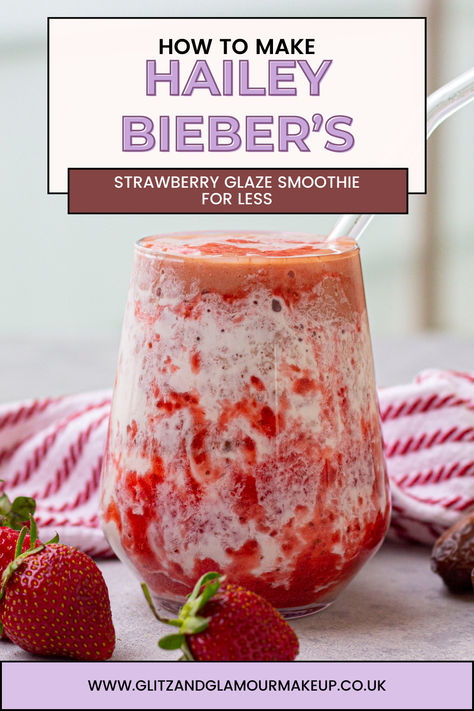 Craving Hailey Bieber's signature strawberry smoothie? I'll walk you through a simple, step-by-step guide to recreate her refreshing and nutritious drink at home. Discover the key ingredients and techniques to whip up a smoothie that's just as delicious as the one enjoyed by this A-list model. With this easy-to-follow tutorial, you'll be sipping on a taste of Hollywood glamour in no time. Trust me, this smoothie is so good, you'll want to make it your new daily habit. Hangover Smoothie Recipe, Hailey Bieber Smoothie Recipe, Strawberry Glaze Smoothie, Hailey Bieber Smoothie, Strawberry Smoothie Recipe, Drink At Home, Smoothie Recipes Strawberry, Strawberry Glaze, Collagen Drink