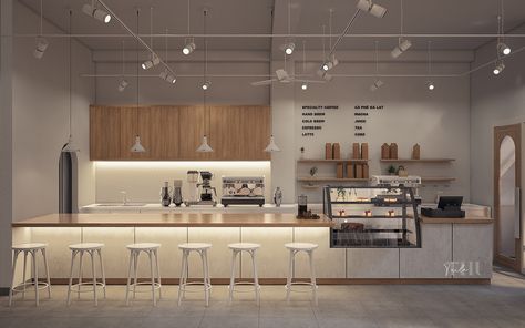 Open Kitchen Coffee Shop, Barista Counter Design, Counter Design For Cafe, Counter Bar, Minimalism Coffee Shop Design, Coffee Shop Behind The Counter Design, Cafe Counter, Bakery Design Interior, Cafe Concept