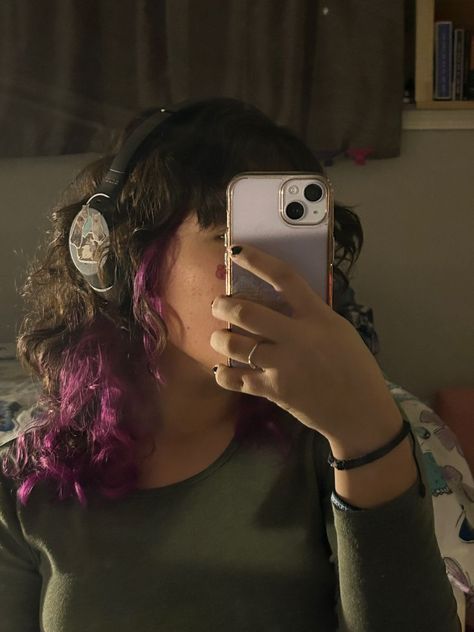 Purple Hair Back Of Head, Half Colored Hair Underneath Curly Hair, Hidden Streaks In Hair, Purple Hair Half Up Half Down, Half Dyed Hair Curly, Purple Highlights In Brown Hair Curly, Purple Underneath Hair Curly, Curly Hair Dye Purple, Grunge Hair Dye Ideas Curly