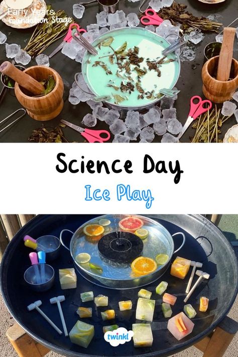 Explore the concept of melting with these lovely ice play activities. A lovely science day experiment for eyfs. Ice play for babies. Ice play for toddlers! Special thanks to Echoes Day Nursery @missgeyfs Investigation Area, Colored Ice Cubes, Science Area, Science Day, Ice Play, Winter Science, Nursery Planning, Science Week, Sensory Bag