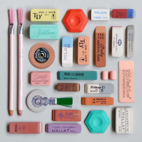 Artfully arranged erasers and stationery instagram photographs by Present & Correct stationery shop owner Neal Whittington. Things Organized Neatly, Journal Therapy, Koh I Noor, Beautiful Objects, Vintage Office, Pens And Pencils, Stationery Shop, Cute Stationery, Good Enough