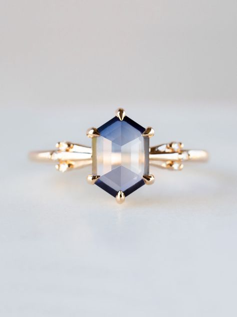 Different Engagement Rings, Hexagon Engagement Ring, Hexagonal Ring, Blue Engagement Ring, Ring Sapphire, Solid Gold Band, Royal Look, Pepper Diamond, Sapphire Engagement Ring Blue