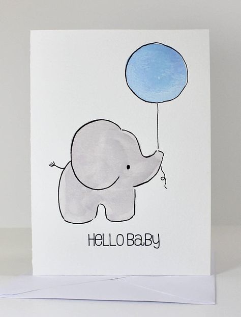 Baby shower card | Hello baby | Watercolor card | Hand painted | New baby | Baby boy | Elephant | Bl Baby Watercolor Card, Baby Shower Cards Handmade, Baby Watercolor, Baby Cards Handmade, Baby Boy Cards, Watercolor Baby Shower, Blue Balloon, Baby Shower Card, Diy Balloon