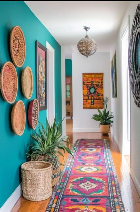 Boho Hallway, Hallway Colours, Colourful Living Room Decor, Mexican Home Decor, Colourful Living Room, Hallway Decorating, Eclectic Home, Dream House Decor, Colors And Patterns