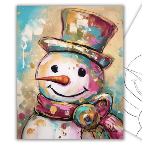 Abstract Snowman Painting, Whimsical Snowman Painting, How To Paint A Snowman On Canvas, Snowglobe Painting Canvas, Oil Pastel Snowman, Christmas Themed Canvas Paintings, Cute Holiday Paintings, Valentines Paint And Sip Ideas, Fake Snow Window Art