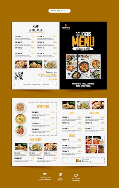 Food menu and restaurant bifold brochure... | Free Psd #Freepik #freepsd #food-menu-flyer #pizza-brochure #pizza-flyer #banner-food-menu Menu Card Cover Page Design, Food Landing Page, Breakfast Menu Design, Drink Menu Design, Menu Cover Design, Restaurant Brochures, Brochure Food, Cafe Menu Design, Mises En Page Design Graphique