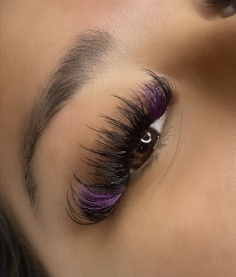 Purple And Black Lash Extensions, Colored Fake Lashes, Lash Extensions With Color And Glitter, Lashes With Purple Ends, Cute Lash Extensions With Color, Pink And Purple Lash Extensions, Color Lash Sets, Eyelash Extensions Colorful, Lash Extensions Color Eyelashes