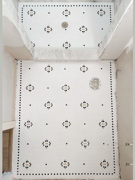 Diy Floor Tile, 1930 Bathroom, Entryway Addition, Patterned Tile Floor, Vintage Bathroom Floor, Mudd Room, Penny Tiles Bathroom, Penny Tile Floors, Bathroom Downstairs