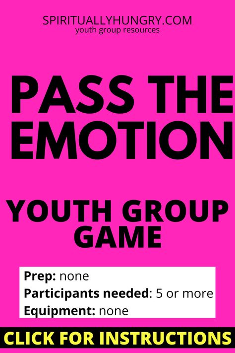 Pass The Emotion is a quick to pull off game that will have your youth laughing at each other’s expressions, and maybe learning a thing or two about one another. Pass The Emotion is a great game for conversation about feelings and emotional responses too, so it could easily be adapted as an ice breaker or woven into a lesson on those topics. via @alexiswaid Ice Breaker For Teens, Youth Retreat Ideas, Youth Group Ice Breakers, Youth Group Ideas, Youth Ice Breakers, Fun Youth Group Games, Teenage Fun, Emotions Game, Youth Group Lessons