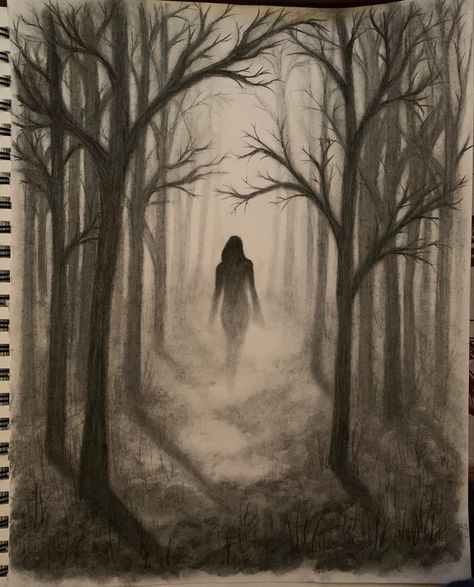 Forest Drawing With Pencil, Ghost In Forest Drawing, Amazing Art Sketches, Foggy Forest Drawing Pencil, Dark Woods Drawing, Creepy Path Drawing, Charcoal Expressive Drawing, Pencil Drawing Forest, Scary Path Drawing