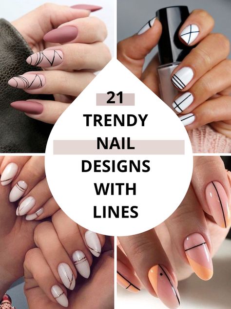 Neutral Nails With Lines, Nail Ideas Geometric, Gel Polish Nail Designs Lines, Nails Design With Lines Ideas, Short Nail Designs With Lines, Nails With Geometric Lines, Modern Gel Nail Designs, Line Nail Designs Short Nails, Nail Designs For Growing Out