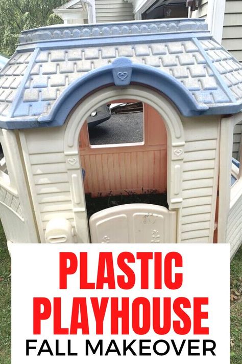 Give your old plastic little tikes playhouse a fall update. Check out the before and after of this outdoor playhouse upcycle on a budget. #hometalk Plastic Playhouse Makeover, Kids Playhouse Makeover, Plastic Playhouse, Playhouse Furniture, Playhouse Makeover, Faux Marble Countertop, Outdoor Playhouse, Farmhouse Style Bedrooms, Fresh Farmhouse