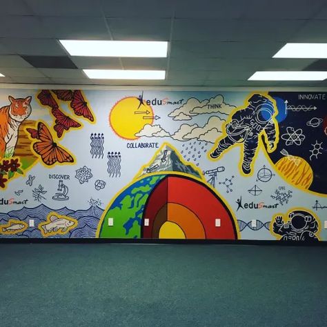 Colorful murals | Wescover School Wall Art Ideas, Butterfly Mural, Moment Drawing, Science Lab Decorations, School Wall Decoration, Seni Mural, Science Classroom Decorations, Science Decor, Wall Art Diy Paint