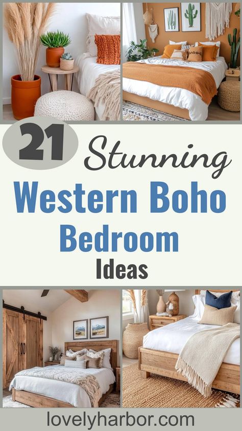 21 Stunning Western Boho Bedroom Ideas To Inspire You Bedroom Boho Aesthetic, Rustic Orange Bedroom, Boho Master Room Bedroom Ideas, Western Boho Bedroom Ideas, Western Boho Bedroom, Boho Farmhouse Bedroom, Boho Master, Boho Bedroom Ideas, Cowhide Print