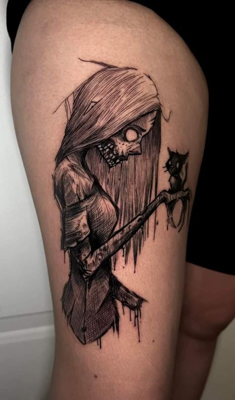 Feminine Dark Tattoos, Spooky Spine Tattoo, Creepy Tattoo Stencil, Dark Creepy Tattoos, Creepy Small Tattoos, Scary Tattoos Women, Gothic Thigh Tattoo, Gothic Knee Tattoo, Tattoo Ideas Creepy