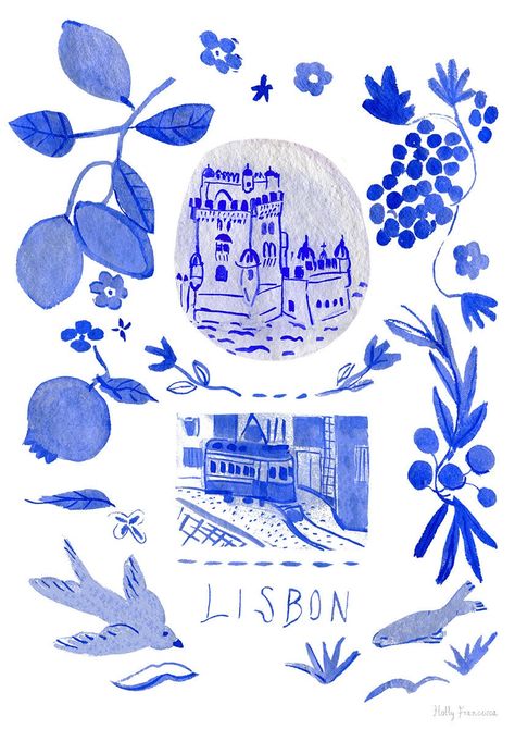 A series of scenes from Lisbon, inspired by the heritage of the beautiful blue Portuguese 'Azulejo' tiles found in Portugal. A blue watercolour painted scene, formed into this striking art print. Featuring the iconic Belém Tower and Lisbon's famous trams (eléctrico), found in the city. Want it framed? This print comes unframed & unmounted; all designs can be professionally framed for an additional £55 (same price for all print sizes). For UK orders please add this to your cart along with your ch Blue And White Portuguese Tiles, Portuguese Blue Tiles, Portugal Art Illustration, Lisbon Art Print, Blue And White Illustration, Watercolour Branding, Lisbon Illustration, Portuguese Wallpaper, Poster Prints Blue