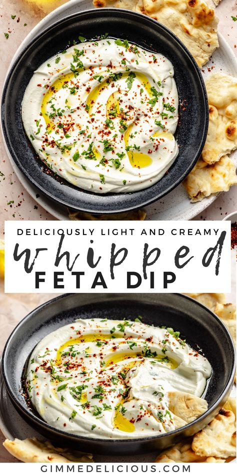 This whipped feta dip made with greek yogurt, sour cream, lemon juice, olive oil and garlic is going to be your new favorite snack. It’s deliciously light and creamy, and super flavorful! Serve it up with your favorite crackers, pita bread, pita chips or veggies for the perfect appetizer. Greek Pita Dip, Feta Sour Cream Dip, What Goes With Pita Bread, High Protein Feta Cucumber Dip, Lemon Savory Snacks, Pita Cracker Dip, Pita Bread Dip Recipes, Greek Yogurt Taco Dip, Pita Dip Recipes