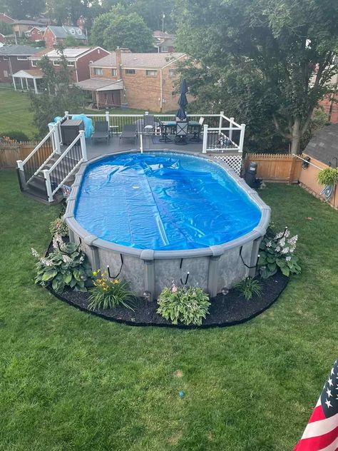 Grill Ideas Outdoor Diy, Square Above Ground Pool Ideas, Trex Pool Deck, Pool Setup Above Ground, Rubber Mulch Around Pool, Decorate Around Pool, Small Backyard Above Ground Pool Ideas, On Ground Pool Ideas, Nice Above Ground Pool Ideas