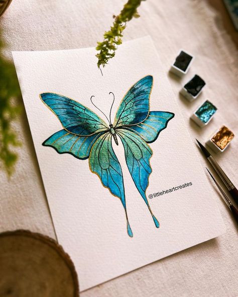 Chithra Shaan (@littleheartcreates) | Instagram Metallic Watercolor Butterfly, Mini Canvas Butterfly Painting, Love Watercolor Art, Paintings With Metallic Paint, Metallic Watercolor Art, Metallic Painting Ideas, Fantasy Butterfly Art, Metallic Watercolor Painting Ideas, Water Colour Butterfly