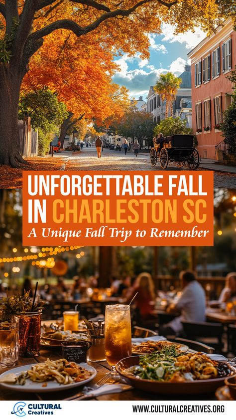 An autumn scene in Charleston SC featuring vibrant orange trees lining a historic cobblestone street, with a horse-drawn carriage and outdoor dining, capturing the essence of an unforgettable fall trip to remember. Charleston Sc In The Fall, Charleston Sc In October, Charleston In The Fall, South Carolina Fall, Charleston Itinerary, Charleston Food, Fall Vacation, Fall Beach, Fall Vacations