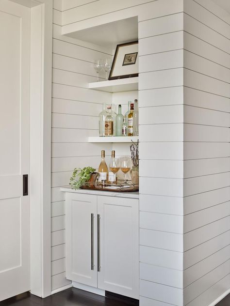 Wet Bar With Open Shelves Beverage Nook, Small Built In Bar, Small Home Bar Ideas, Bar Closet, Small Wet Bar, Dry Bar Ideas, Built In Wet Bar, Atlanta Condo, Small Bars For Home