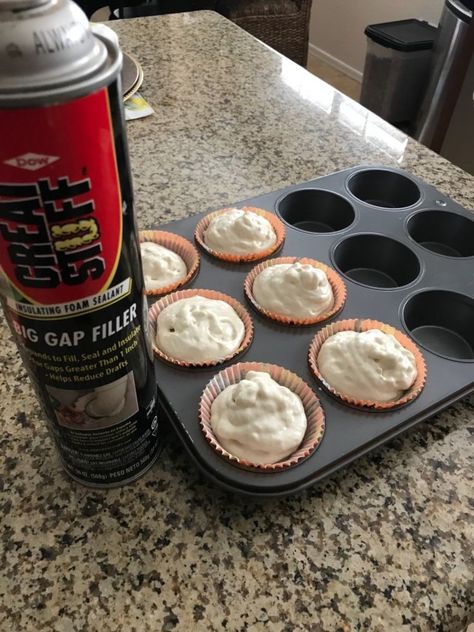 I work in staging homes, and being that every model home has fake food, I have bought a lot of it. But they are so expensive, and I've always wanted to try and make some myself. So, I decided to try my hand at it! I got started by making these faux cupcakes for Halloween. Here's how I did it.    What you’ll need to start: cup cake pan and cupcake liners spray foam paint beads cinnamon plastic toys or rings wall filler /compound / Speckle zip lock baggie cake tip    Start by putting yo… Natal, Spray Foam Cupcakes, Diy Halloween Cupcakes, Food Props Diy, Fake Desserts, Cupcakes For Halloween, Faux Cupcakes, Fake Cakes, Fake Food Props