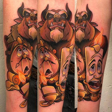 Tattoo artist Andy Walker authors color new school tattoo | England Tattoos Disney, Beast Tattoo, Beauty And The Beast Tattoo, Beauty And The Beast Art, Disney Beast, Tattoo Artists Near Me, Beast Disney, Girl Face Tattoo, Beauty And The Beast Movie