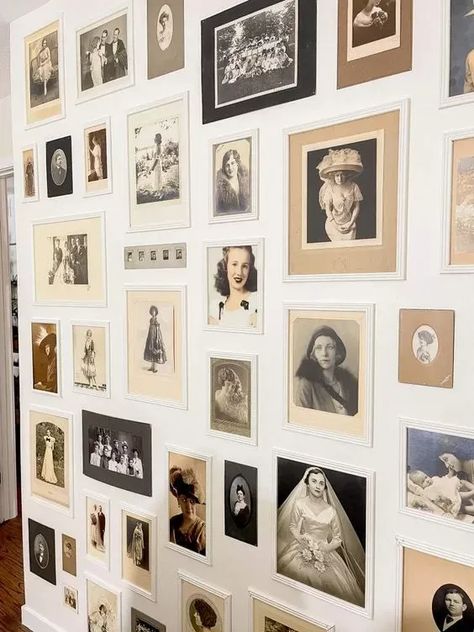 How To Display Small Photos, Ways To Display Old Family Photos, Things To Do With Old Photos, Old Photos Display Ideas, How To Display Family Photos On Wall Hallways, How To Display Old Photos, Ancestor Photo Wall, Displaying Old Photos, Old Photo Collage Ideas