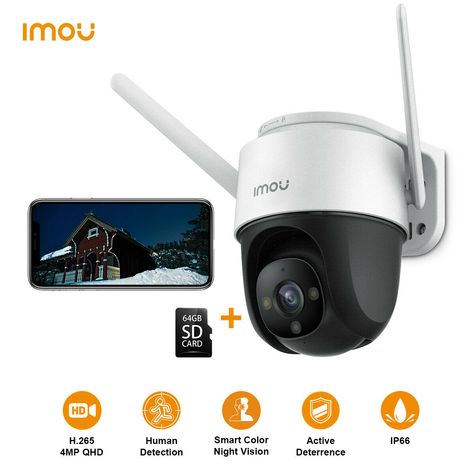 DESCRIPTION PAYMENT SHIPPING RETURN POLICY CONTACT US IMOU 4MP Wifi Security Camera PTZ Outdoor Camera Two-Way Audio w/ 64GB SD Card Cruiser 4MP & 64GB SD Memory Card   A Colorful World, Even at Night Human Detection | 4MP | H.265 | Smart Color Night Vision | 360° Coverage | Two-way Talk | IP66 Weatherproof | Built-in Spotlight and Siren | Dual Antenna and MIMO | Soft AP Mode | Cloud Storage   Smart Color Night Vision Four smart night vision modes provide clear full color or black-and-white pict Retail Packaging, Ip Camera, Outdoor Camera, Colorful World, Memory Card, Amazon Alexa, Cloud Storage, Night Vision, Sd Card