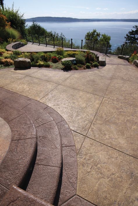 Stamped Concrete Patio Cost, Colored Concrete Patio, Stamped Concrete Colors, Concrete Paint Colors, Deck Paint Colors, Stamped Concrete Patio Designs, Backyard Retaining Walls, Concrete Stain Patio, Concrete Patio Makeover