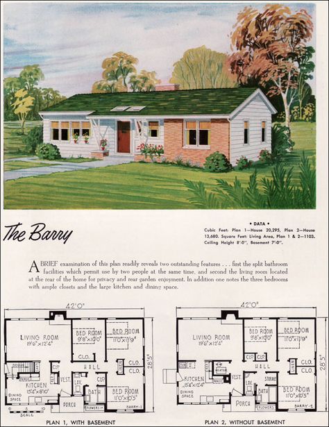 Small Mid Century Ranch Style House Plan - 1952 Barry - National Plan Service Homes - Gabled Roof Canadian Homes, Modern Ranch House Plans, 50s House, Modern Ranch House, Floor Plans Ranch, Mid Century Ranch, Modern Floor Plans, Ranch House Plan, Vintage House Plans