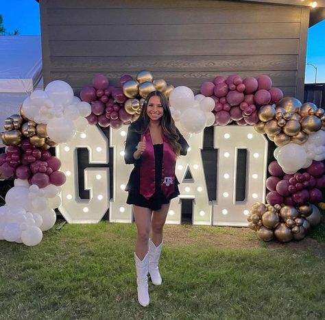 RnE Marquees✨ on Instagram: "🎓✨G R A D ✨🎓 • Go Aggies !! Thank you @jes.vrreal for booking us for your sisters graduation! Special thanks to @lovelycoyrentals for the referral and the beautiful balloon decor !! • Marquees - @r.n.e.marquees Balloon Garland - @lovelycoyrentals • DM to reserve our Marquees . Still have spots left for February ! • #marquee #marqueeletters #marqueenumbers #grad #graduation #college #aggies #texasaandm #balloons #balloongarland #houston #houstonevents #katy #kat Graduation Garden Party Ideas, Graduation Reception Ideas, Masters Graduation Party Ideas, 2026 Graduation, Graduation Backdrop Ideas, Aggie Graduation Party, Colorful Graduation Party, Grad Party Backdrop, Graduation Party Colors