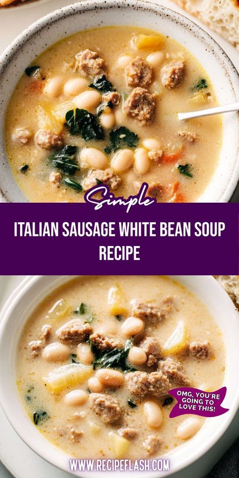 Savor the rich flavors of Italian Sausage White Bean Soup! Packed with protein from the beans and a kick from the sausage, this easy-to-make soup is perfect for weeknight dinners. Enjoy a bowl of warmth and comfort that will please the whole family. A must-try addition to your soup repertoire! Italian Sausage White Bean Soup, Sausage White Bean Soup, White Bean Sausage Soup, Sausage White Bean, Bean And Sausage Soup, Sausage Soup Recipes, White Bean Soup Recipes, Beans And Sausage, Bean Soup Recipe