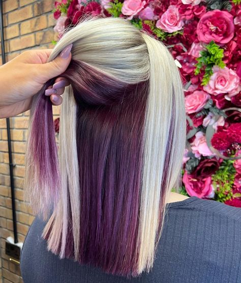 𝕋𝕙𝕖 ℝ𝕠𝕠𝕞𝕤 | Transformation by our Stylist Zara! 😍 Highlights with a pop of purple underneath for the perfect contrast!🤍💜 Still keeping that… | Instagram Blonde Hair With Purple Underneath, Blonde And Purple Hair, Purple Underneath Hair, Blonde And Purple, Purple Hair Ideas, Purple Blonde Hair, Purple Blonde, Champagne Blonde Hair, Underneath Hair Color