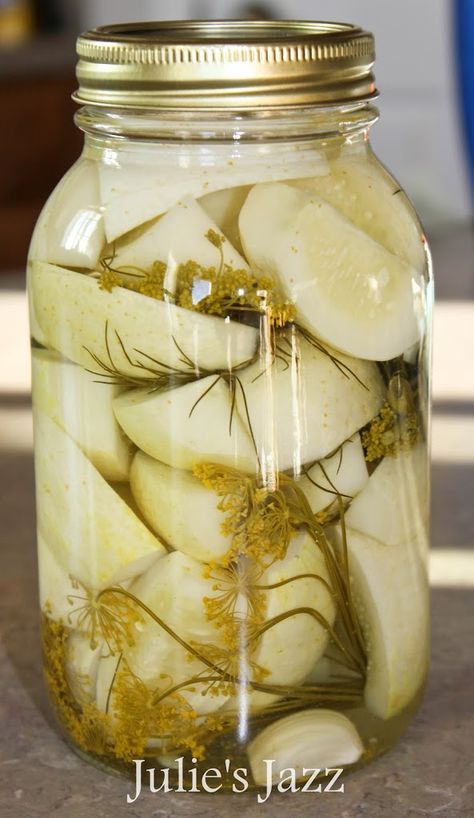 Lemon Cucumber Pickles | Julie's Jazz Lemon Cucumber Pickles, Lemon Cucumbers, Pickles Cucumbers, Cucumber Pickles, Dill Pickle Recipe, Lemon Pickle, Cucumber Dill, Canning Vegetables, Lemon Cucumber