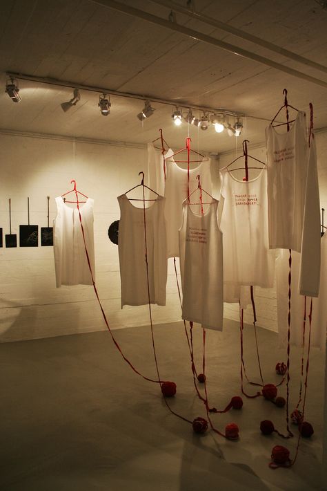 Fashion Installation, Fabric Installation, Decoration Vitrine, C Art, Red String, Art Curator, Metal Hangers, Sculpture Installation, Stage Design