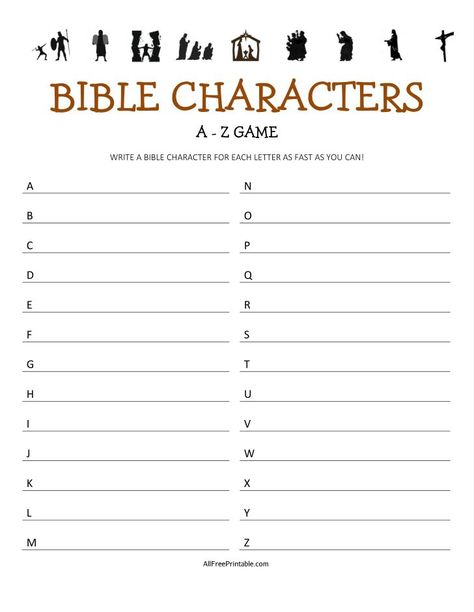 Bible Characters A-Z Game Bible Matching Game Free Printables, Bible Characters Printable, October Printables, Books Of Bible, Bible Charades, Fall Word Search, Christmas Word Scramble, Charades Game, Halloween Word Search