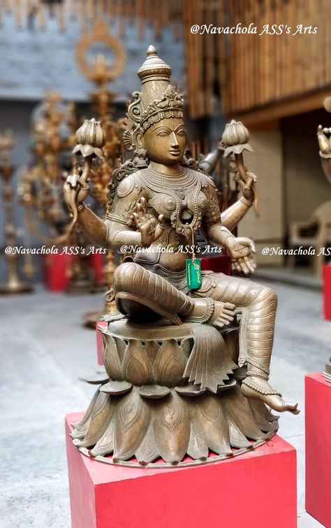 Lakshmi Sitting on Lotus base , 3 Feet height Newly made Bronze statue - FOR SALE Available. Being One of our Masterpiece proud to share here. For more details Mobile/WhatsApp 91 9095121179. #Swamimalai, #Kumbakonam #TN  #SouthIndianArt,  #SouthIndianBronze,  #BronzeCasting #chola_Sculpture,   #SwamimalaiBronze, #Thanjavur_Art #indian_sculpture #Hindu_gods #Hindu_deities #Bronzes_of_South_India #Bronze_sculpture #Cast_in_bronze  #Indian Handicrafts #Hinduism_Statues  #Hinduism Gods Hindu, Hindu Statues Goddesses, Lakshmi Statue, Wood Carving Art Sculpture, Ancient Indian Art, Indian Handicrafts, Goddess Sculpture, Statues For Sale, Hindu Statues