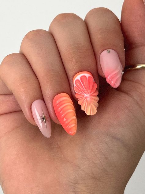 grapefruit 3d nails for a pop Grapefruit Nails, Fruit Nail Ideas, Nail Ideas For Summer, Fresh Manicure, Fruit Nail, Dream Rings, Girly Acrylic, Nail Board, Coral Nails